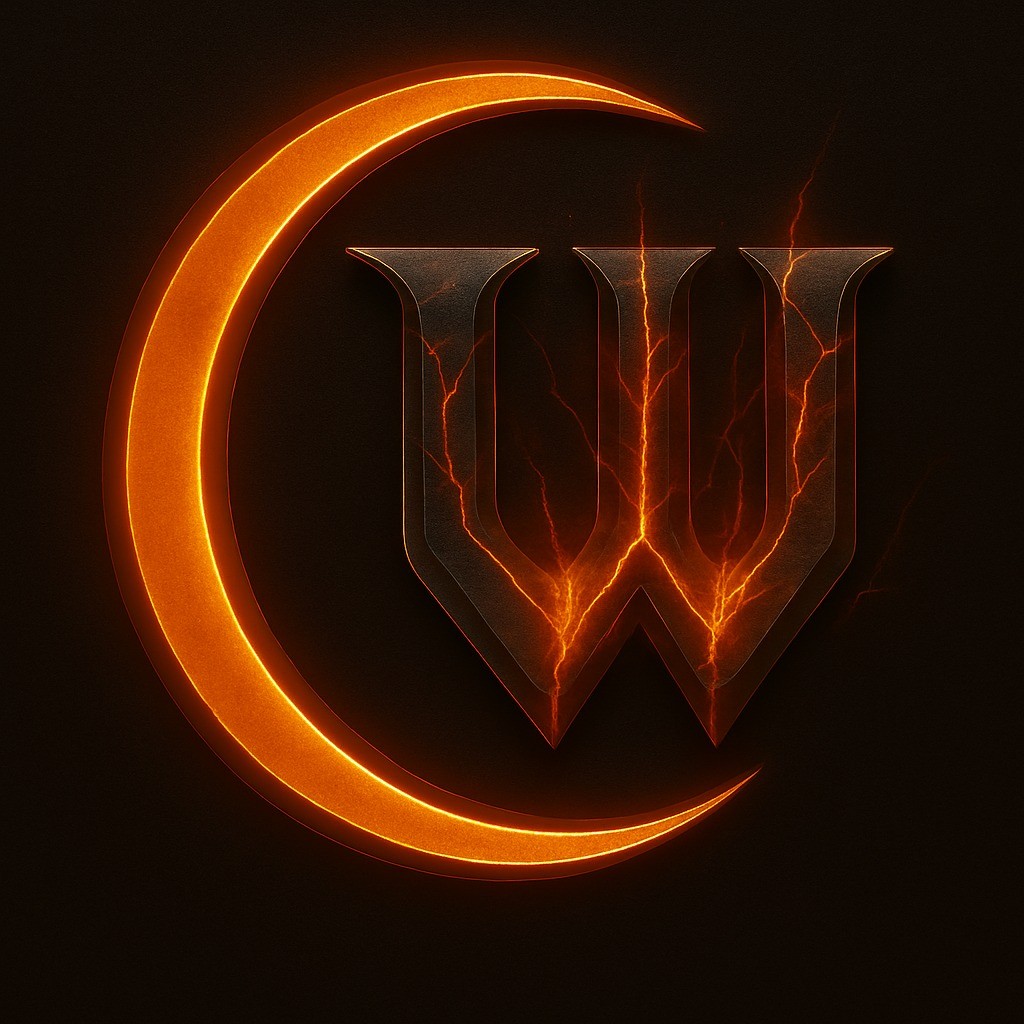 Fiery crescent and stylised W logo for LitRPG author Chris Wood.